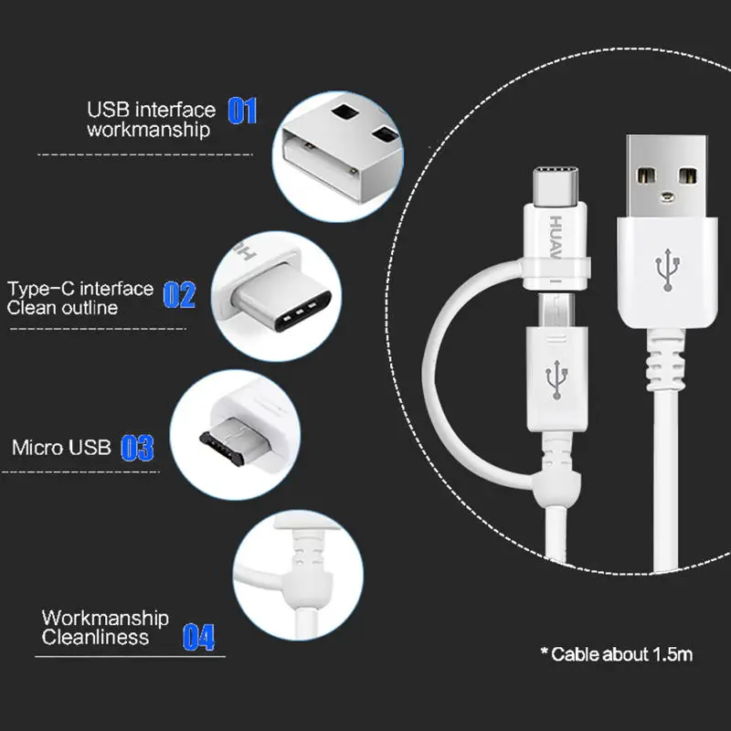 Быстрое зарядное устройство Huawei P20 Pro 2 в 1 кабель Micro USB Typc C оригинал А 5 м зарядный