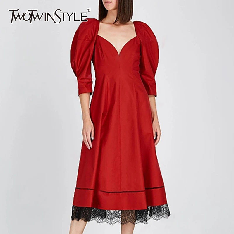 TWOTWINSTYLE лоскутное кружевное элегантное платье для женщин квадратный воротник
