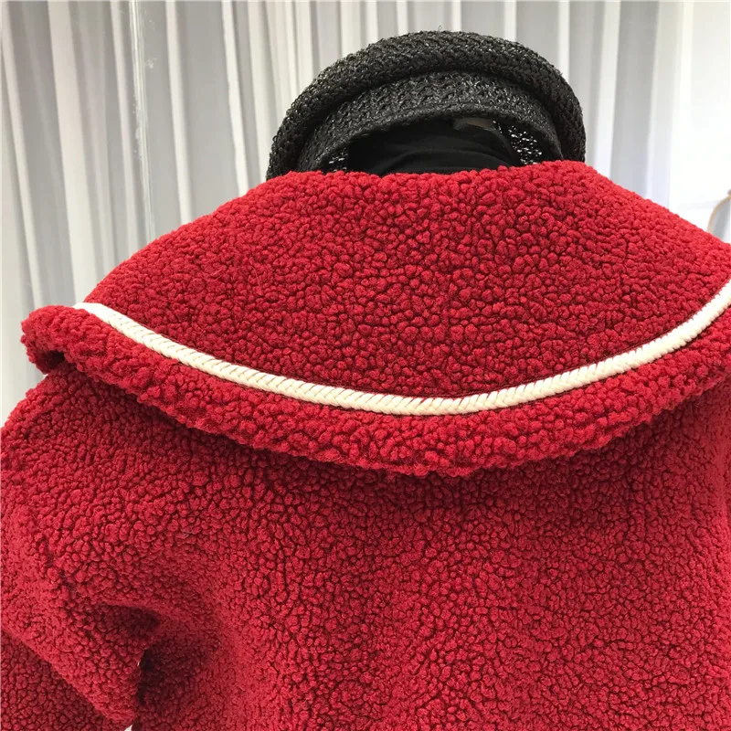

2019 Winter Women Jacket Vintage Long Sleeve Pockets Burgundy Color Warm Jacket Outerwear Casual Faux Lamb Wool Jacket Female