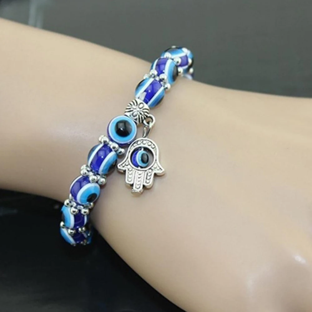 

Fashion Silver Color Blue Evil Eye Ethnic Style Handmade Jewelry Hamsa Hand Fatima Palm Bracelets for Women Bead charm bracelet
