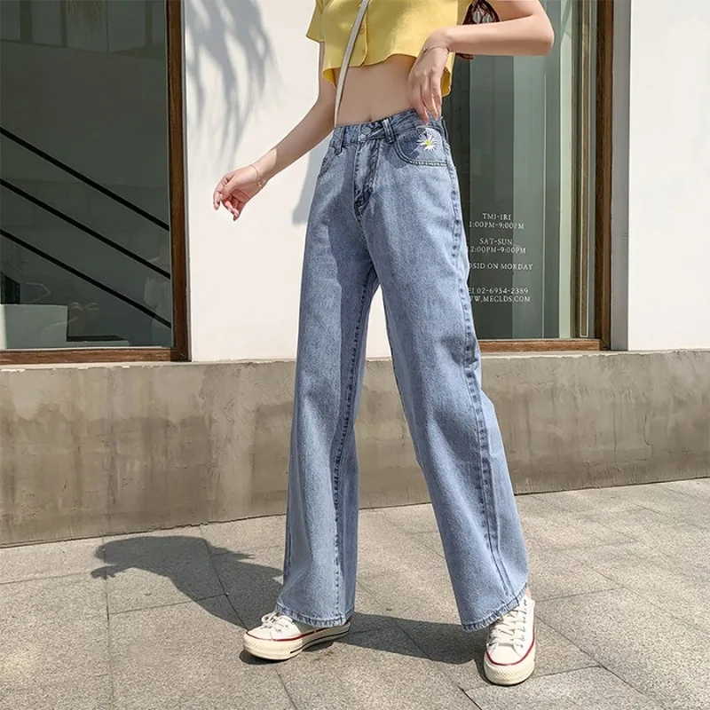 

GOOHOJIO New Jeans Women Full Length Wide Leg Denim Solid Vintage High Waist All-match Womens Trousers Korean Chic Daily Leisure