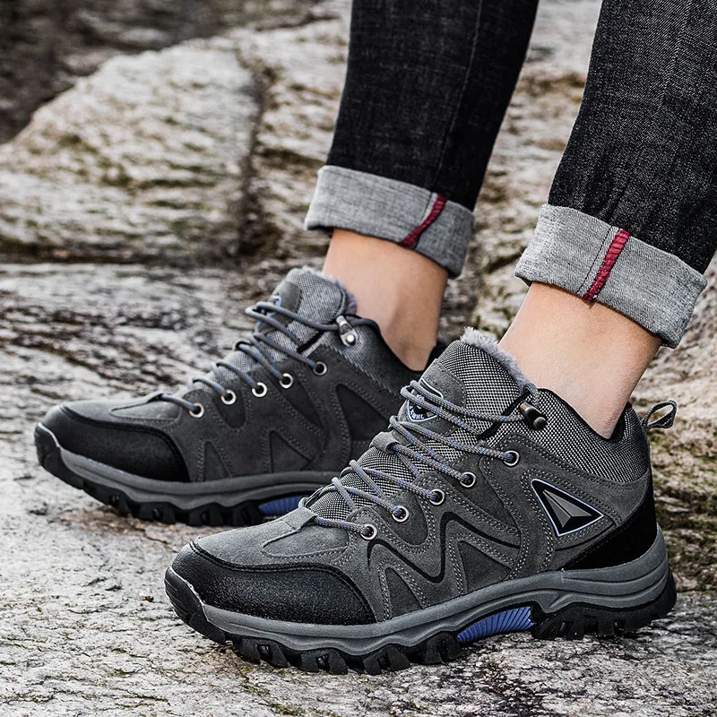 Fashion Winter Plush Hiking Shoes Man Climbing Sneakers Suede Leather Trekking Shoes For Men Non-slip Camping Walking Boots 2021