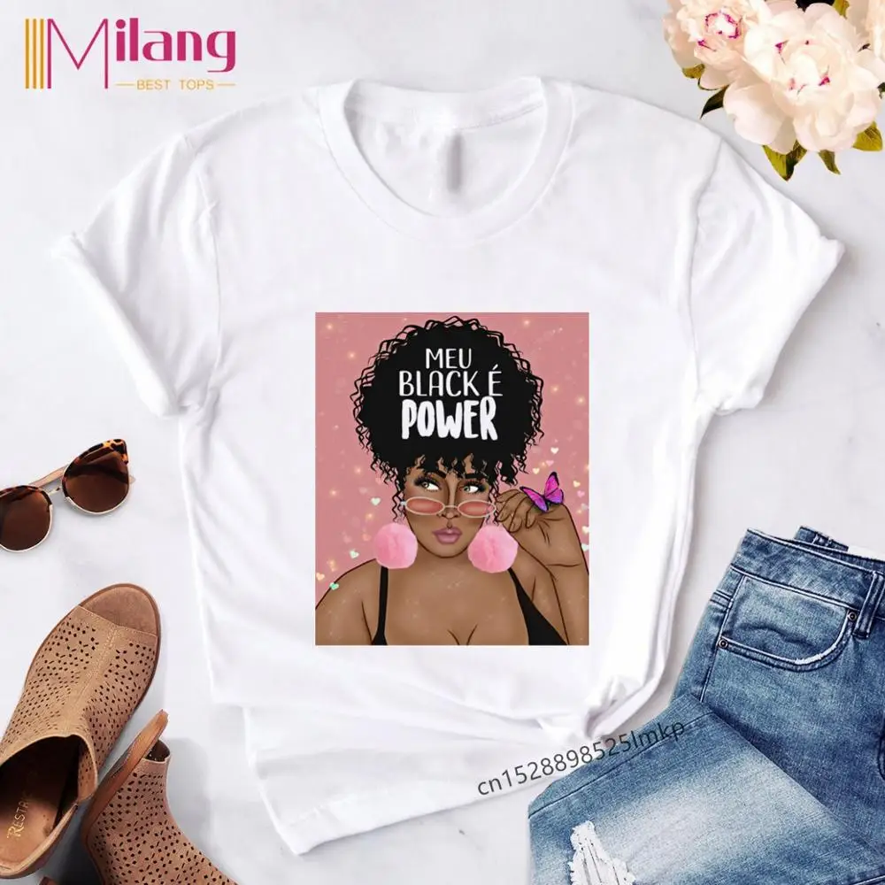 Женская футболка Melanin Poppin красивая черная с принтом для девочек модная Прямая
