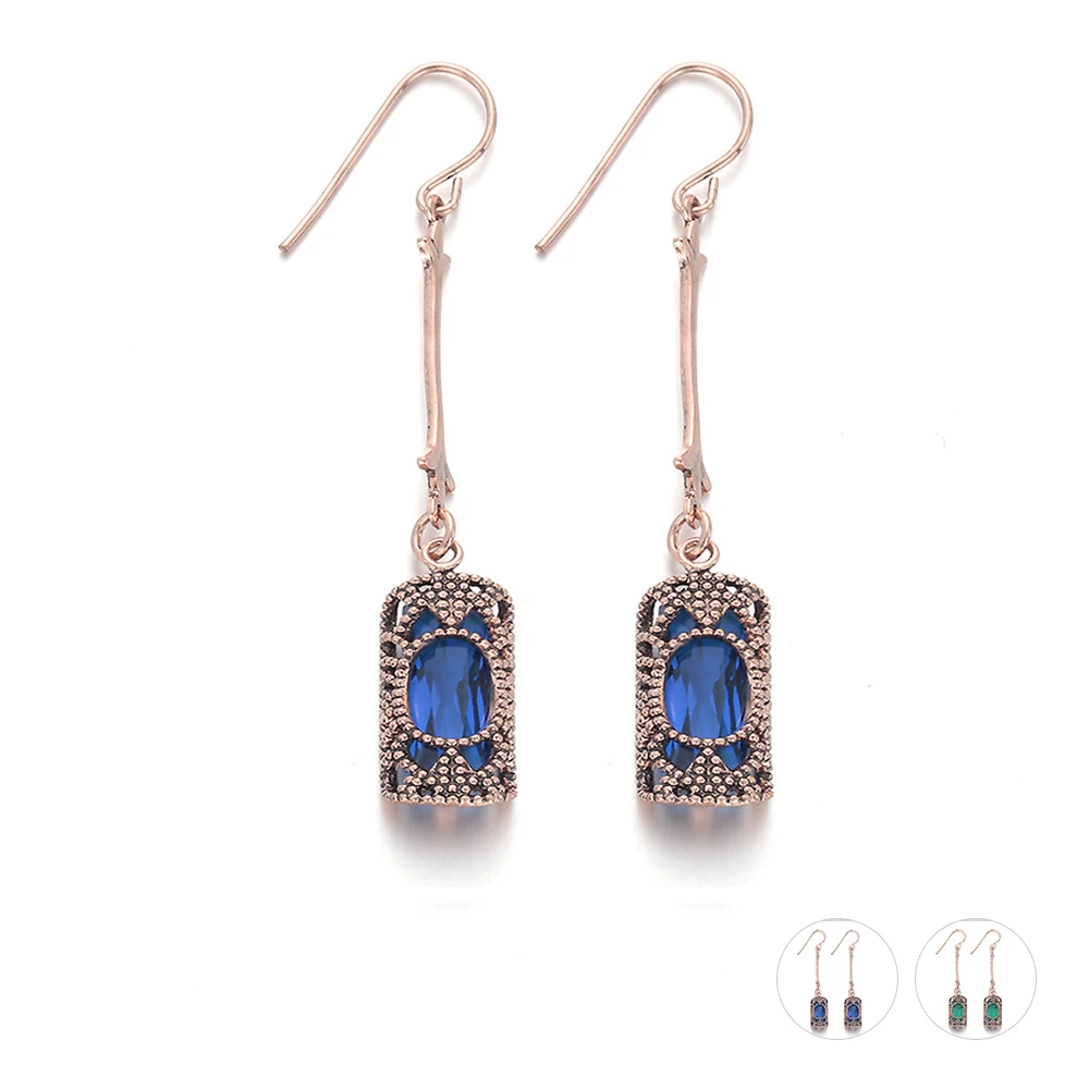 

European Style Vintage Brincos Ancient Gold Color Long Earring Blue Green Crystal Drop Earrings For Women Fashion Jewelry