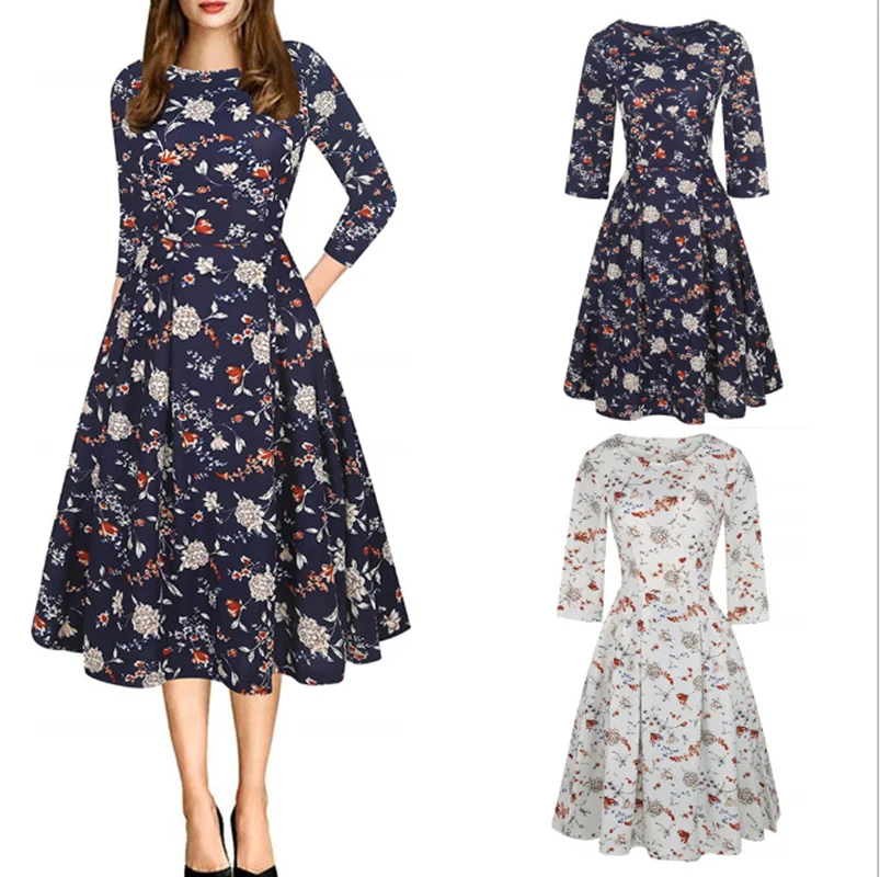 Весеннее и осеннее Новое Женское платье с цифровым принтом укороченным рукавом