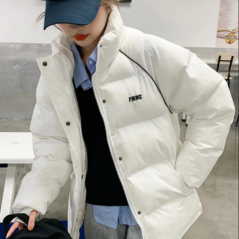 

Women Students Puffer Jacket Cotton-Padded Thick White Parkas Zipper Winter Bubble Coat Warm Casual Hot Street Outfits