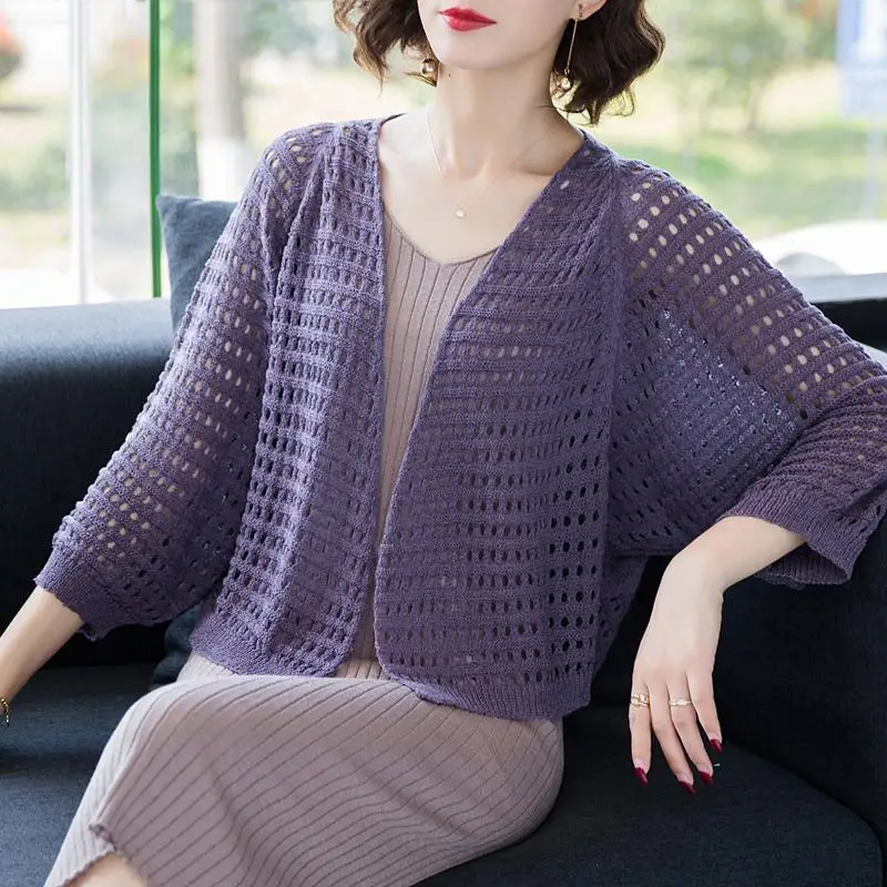Свободный вязаный кардиган с отверстиями свитер женский короткий большого