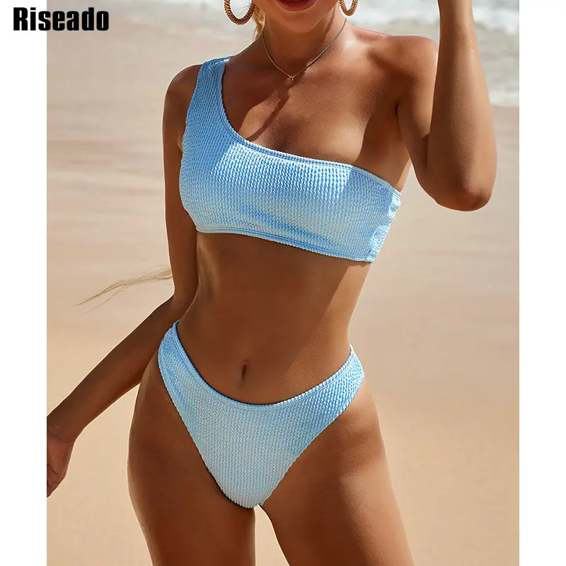 

Riseado Sexy One Shoulder Bikinis Bandeau Swimwear Women 2021 Ribbed Women's Swimsuits Bathing Suits Solid Brazilian Biquini Set