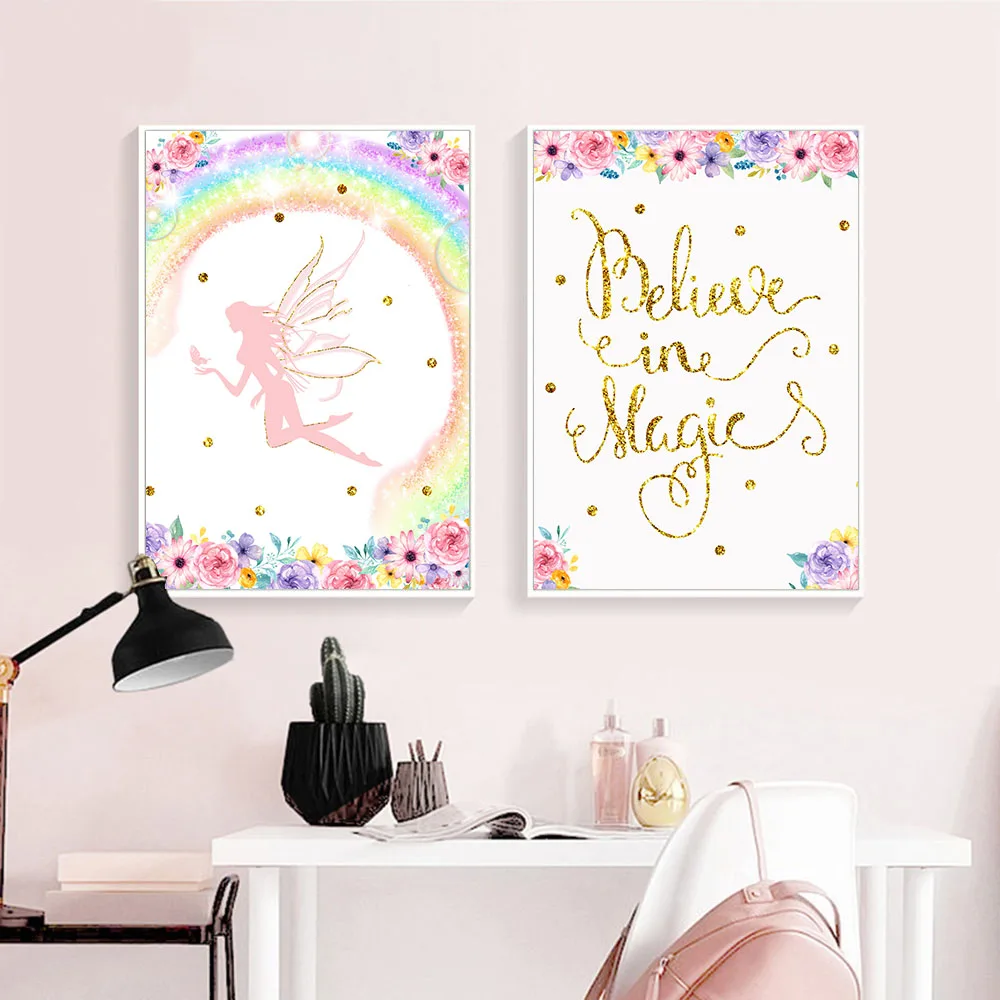 

Baby Girl Nursery Quotes Canvas Poster Fairy Cartoon Wall Art Print Painting Decorative Picture Nordic Kids Bedroom Decoration