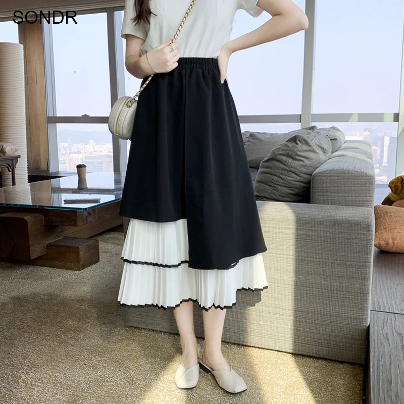 

Korean Fashion Minimalism Skirt 2020 Women Spring Autumn Elastic High Waist Patchwork Long Pleated Skirt Asymmetric A-Line Skirt