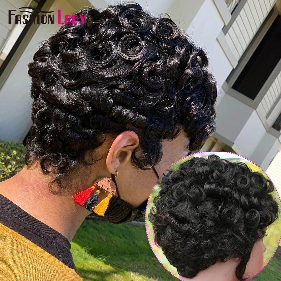 Дешевые Короткие парики из человеческих волос короткая стрижка для черный Для