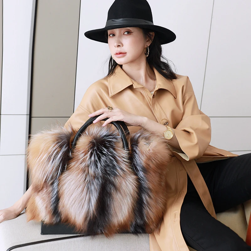 ZDFURS* 2021 New Women Silver Fox Fur Handbags Genuine Cowhi