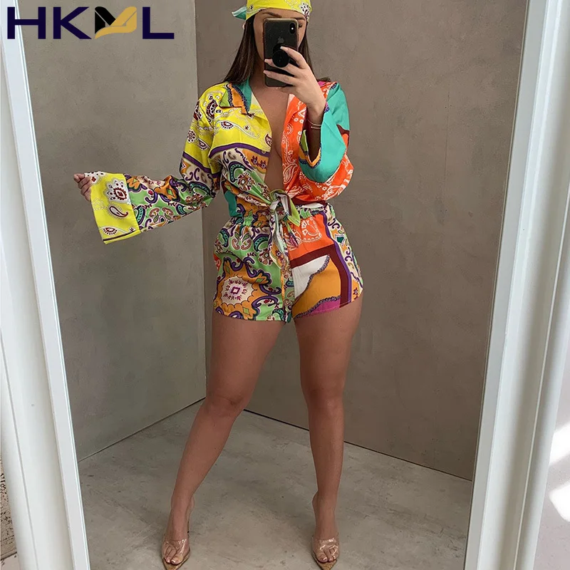 

Женский комплект из двух предметов, винтажная однобортная рубашка с V-образным вырезом и длинным рукавом и принтом и шорты в стиле High Street, по...