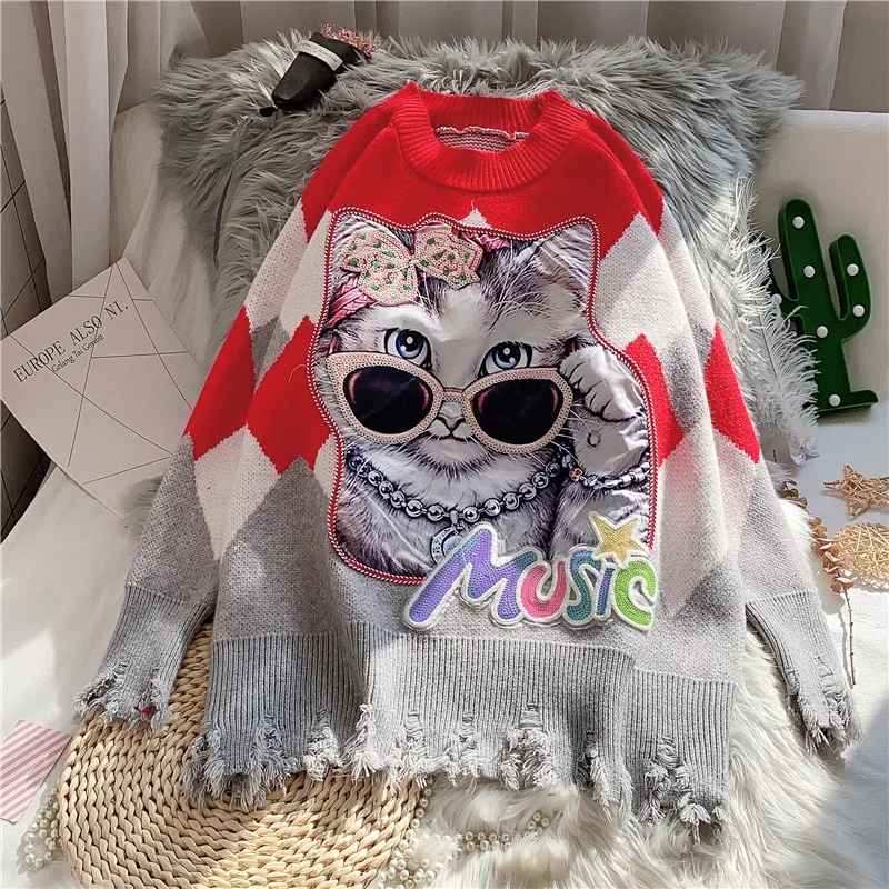 

Maxi Loose Clothing Women Diamond Sweaters Pullovers Cool Cat Letters Sequins Appliques Beads Sweaters Casual Tassels Tops NS38