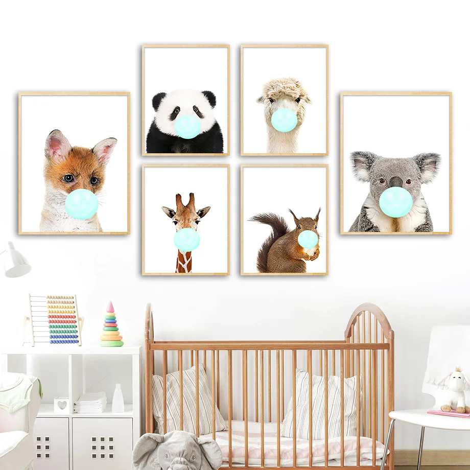 

Animal Panda Fox Llama Raccoon Giraffe Bubble Wall Art Canvas Painting Nordic Posters And Prints Wall Pictures Kids Room Decor