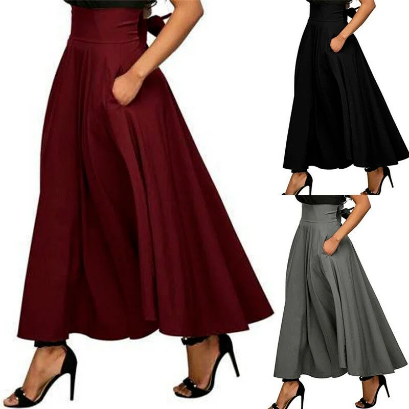 

Summer Big Swing Skirt High Waist Solid Color Pleated Solid Color Stretch Plain Skater Flared Pleated Long Skirt Autumn Women