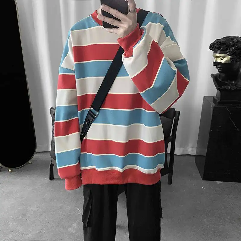 Осень 2020 Модные Полосатые мужские толстовки корейские свободные повседневные