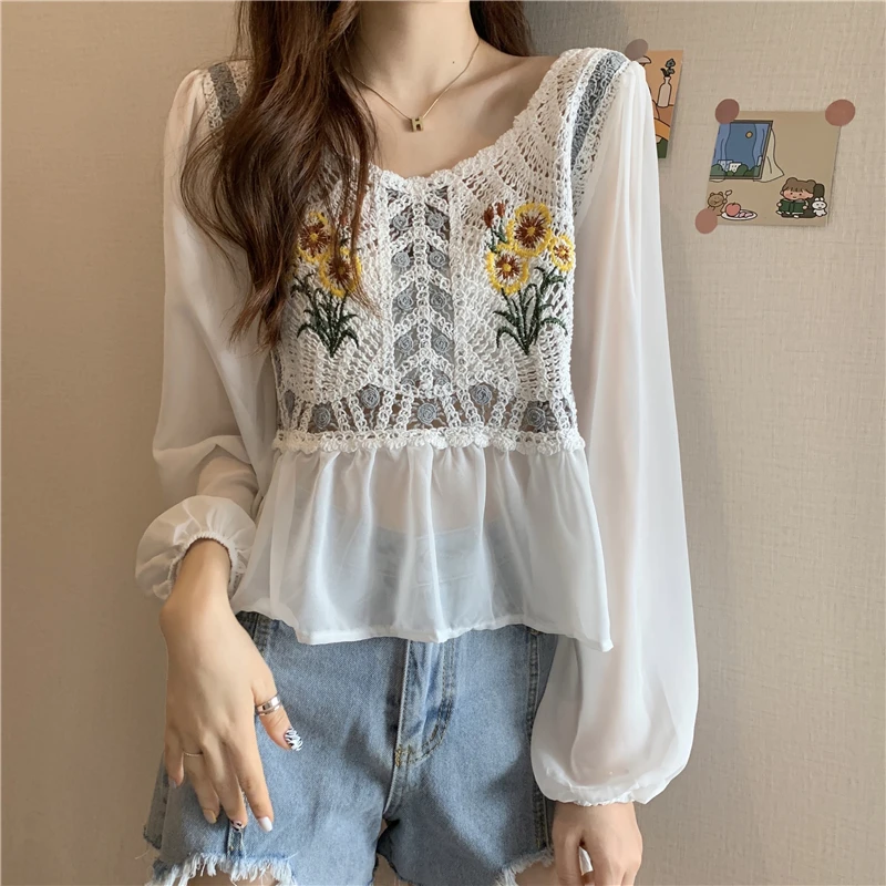 

HziriP Hot Gentle Round Neck Puff Sleeve 2021 New French Ladies Blouse Korean Chiffon Wild Embroidery Design Long-Sleeved Shirt