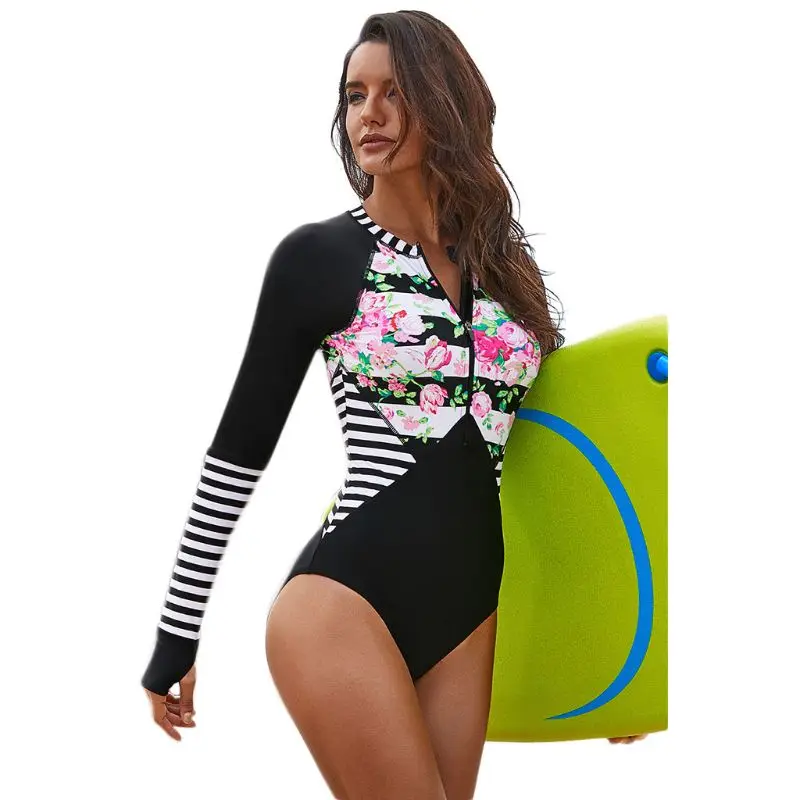 Womens Plus Size One Piece Long Sleeve Rash Guard UV Protection Floral Stripes Printed Surfing Swimsuit Zip Front Padded | Спорт и