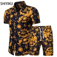 shiyiku 2021 summer new brand mens clothing short sleeved printed shirts shorts 2 piece fashion male casual beach wear clothes