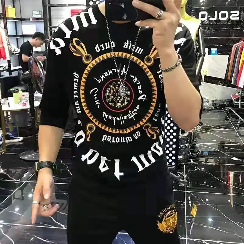 

2021 summer men's short sleeve T-shirt new personality trend heavy craft hot drilling letter printing round neck half sleeve