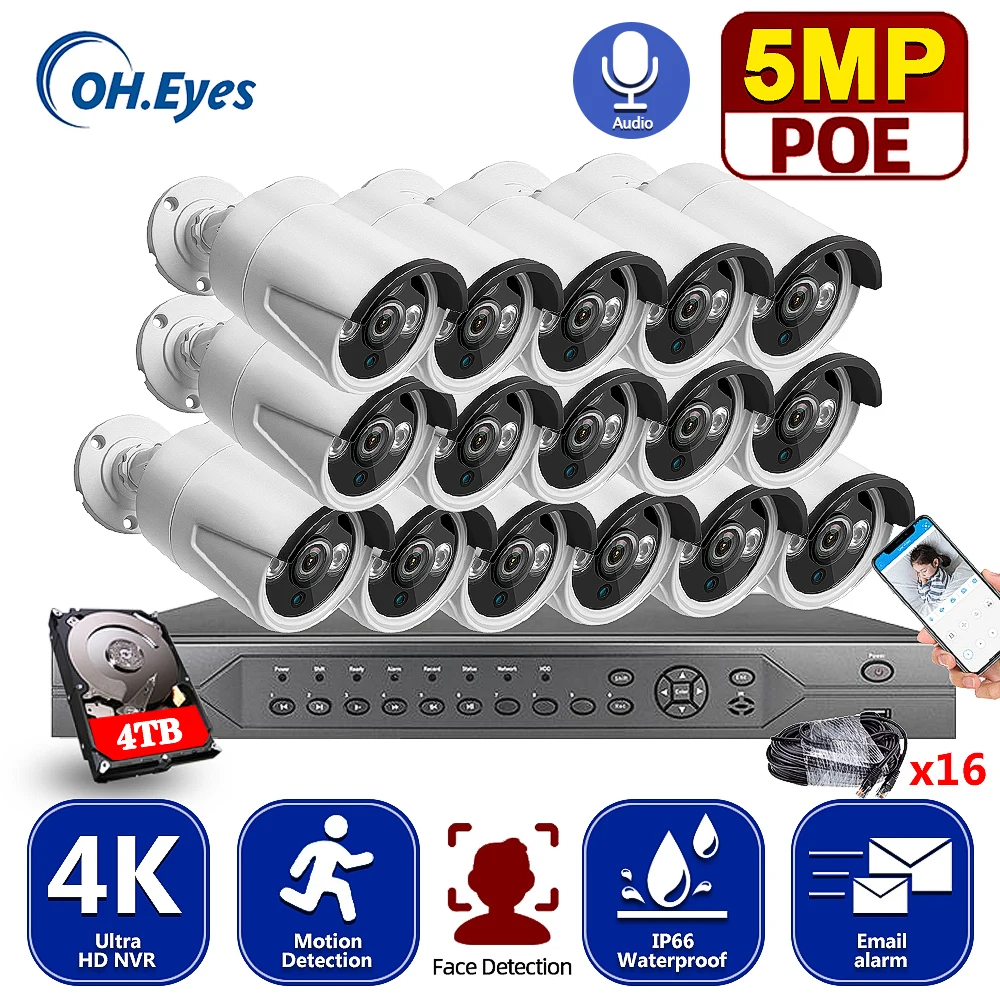 

H.265 16CH 5MP 4K HD POE NVR Kit CCTV System IR Outdoor Audio Record AI IP Camera P2P Video Security Surveillance Set 4TB HDD