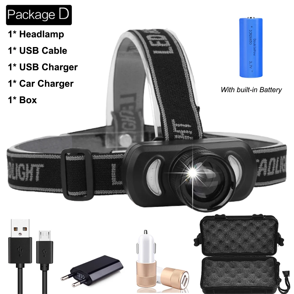 Package D Мощный USB Перезаряжаемый головной светильник, красный светильник, синий светильник, головной светильник, Мощный USB велосипедный светильник, водонепроницаемый для наружного использования - Испускаемый цвет: Package D
