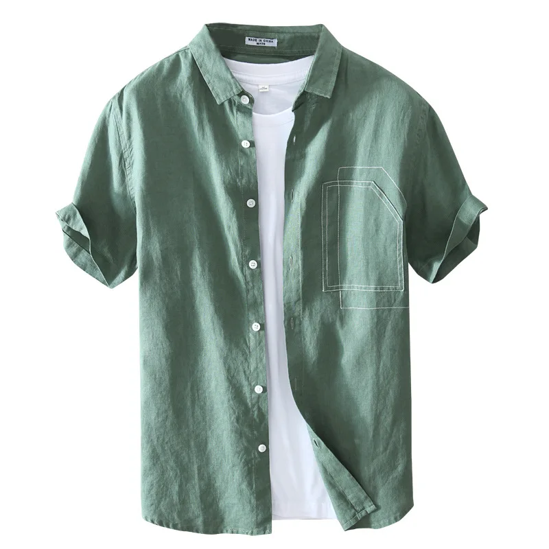 

2021 New Men's Linen Short-Sleeved Shirt Youth Loose Fresh Breathable Shirt