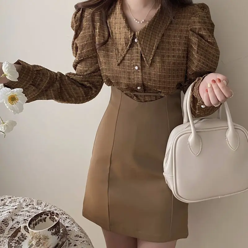 

Women Hubble-bubble Sleeve T-Shirt+High Waist PU Skirt 2 Piece Set Femme Fashion Outerwear Suit Ladies Elegant A-Line Skirt Set