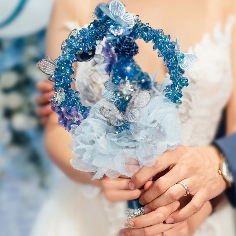 

EillyRosia Niagara Blue Fantasy Crystal Butterfly Crown Bridal Bouquet Light Luxury Scepter Style Wedding Bouquet Romantic