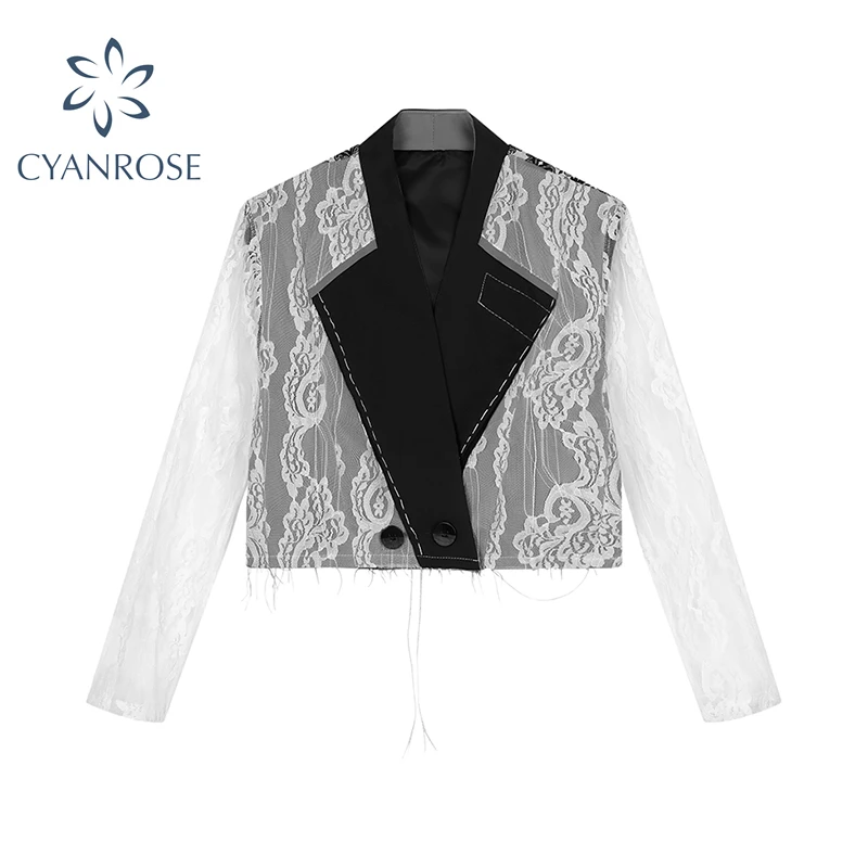Женский блейзер с кружевом двубортный пиджак в стиле панк длинным рукавом