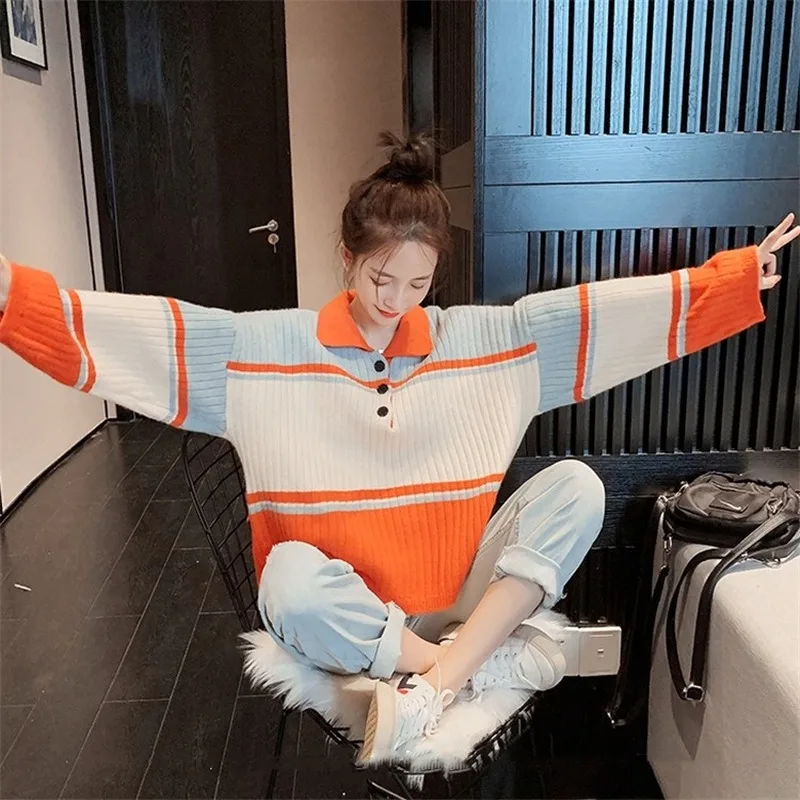 

Contrasting Color Sweater Women Loose Outer Wear Student 2020 New Autumn Winter Pullover Korean Style Lazy Wind Sweater Fashion