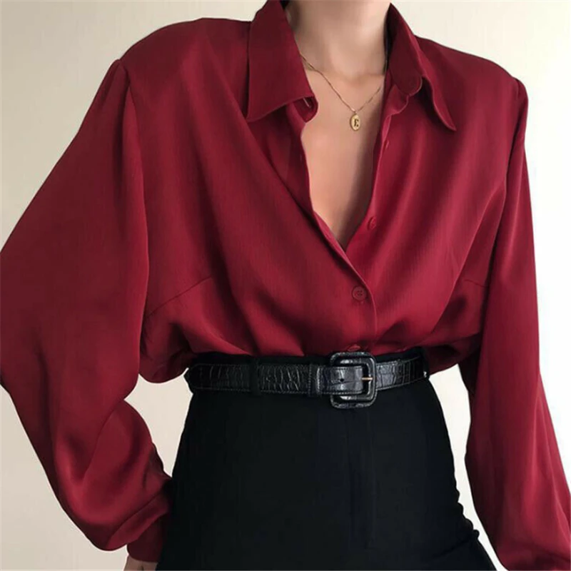 

New Fashion Autumn Women Blouse Shirt Lapel Long Sleeve Solid Black Red Ladies Blouse for Women Female Top Clothing Tops Women