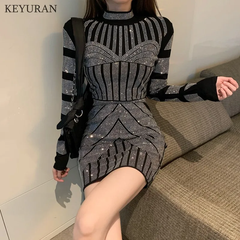 

Korea Fall Winter 2 Piece Set Turtleneck Tshirt + Skirt Sexy Shiny Diamonds Women Chic European Clothes Long Sleeve Suit New