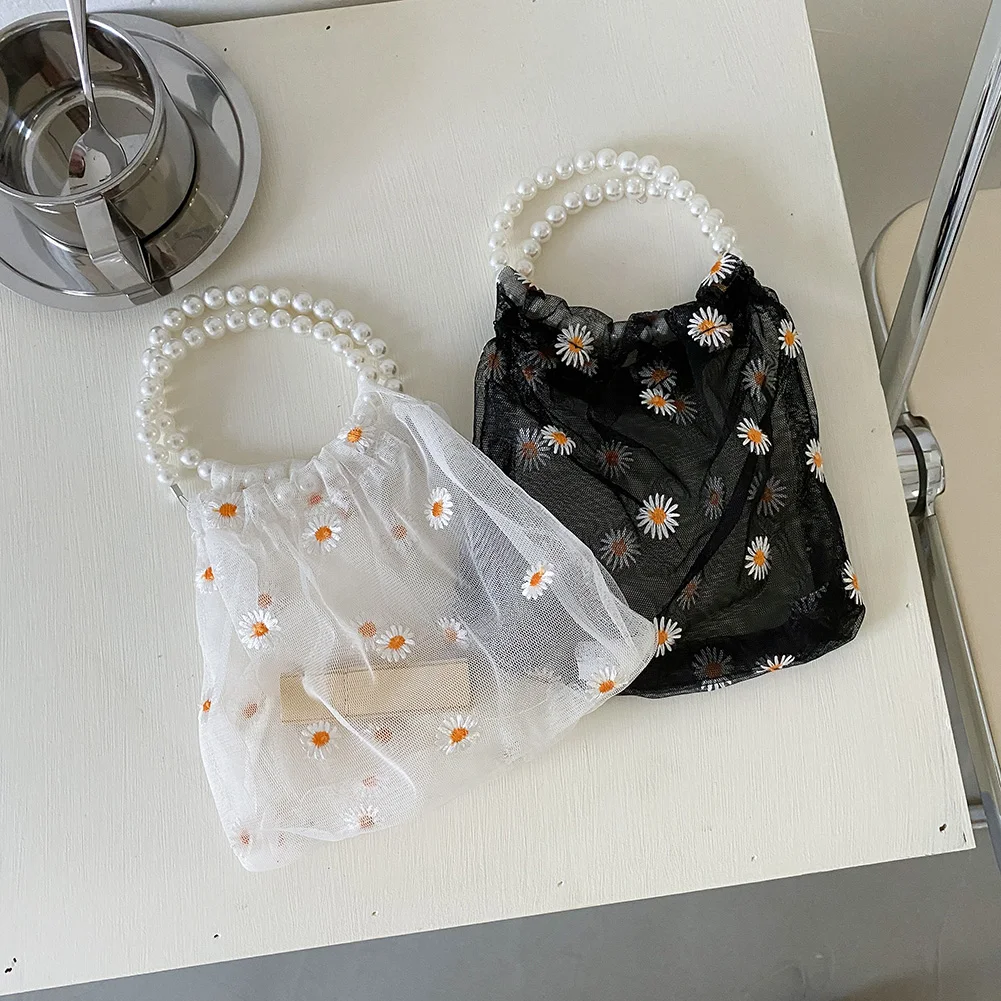 

Fashion Women Daisy Embroidery Pearl Chain Mini Shoulder Bags Casual All-match Ladies Small Purse Top-handle Handbags