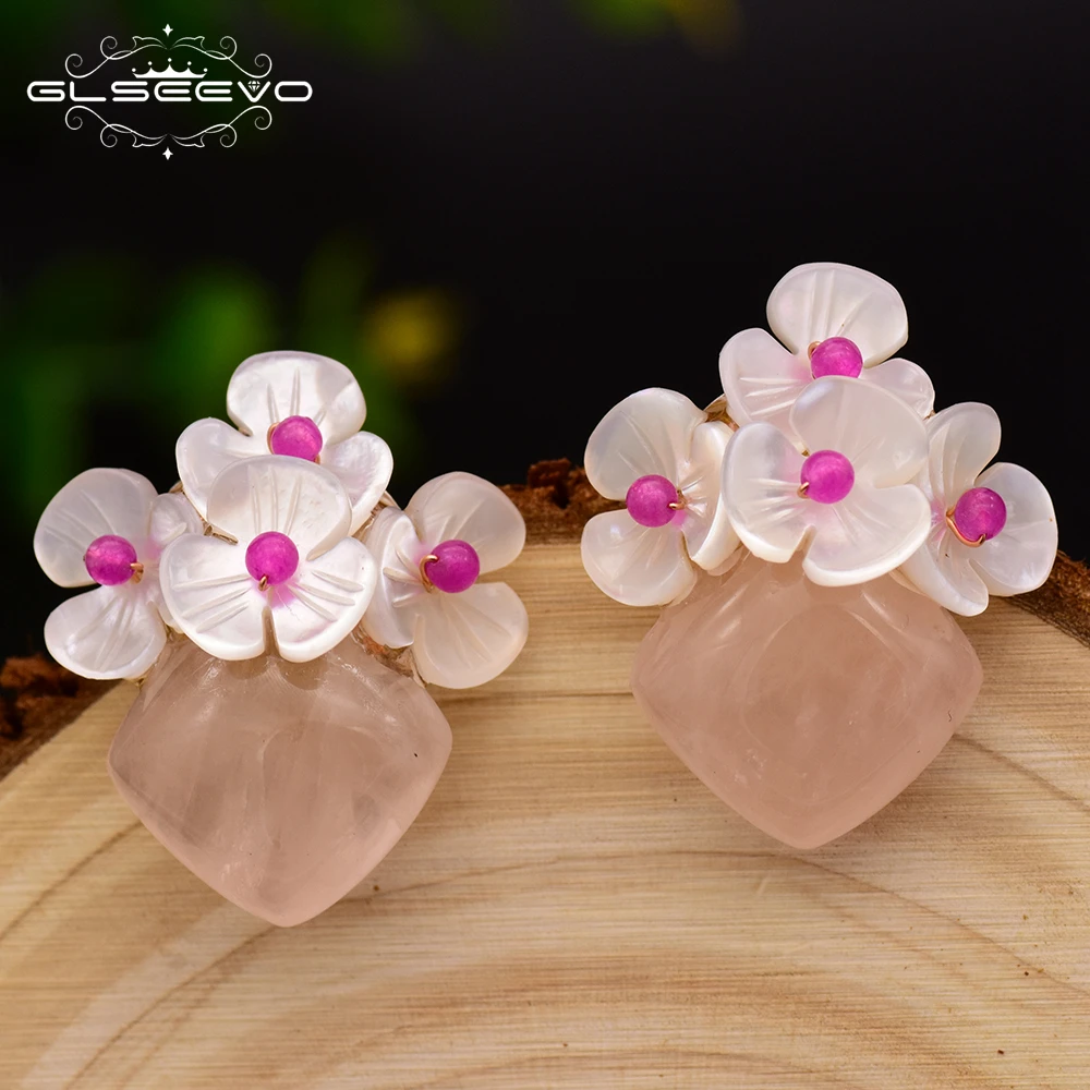 Женские серьги гвоздики с натуральным розовым кристаллом|Серьги-гвоздики| |