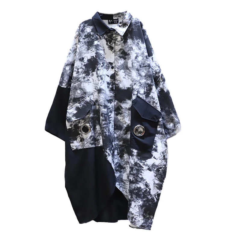 

IEQJ Abstract Pattern Lapel Collar Long Shirt Women Long Sleeve Single Breasted Casual New Fashion Tide 2021 Spring 3GD258