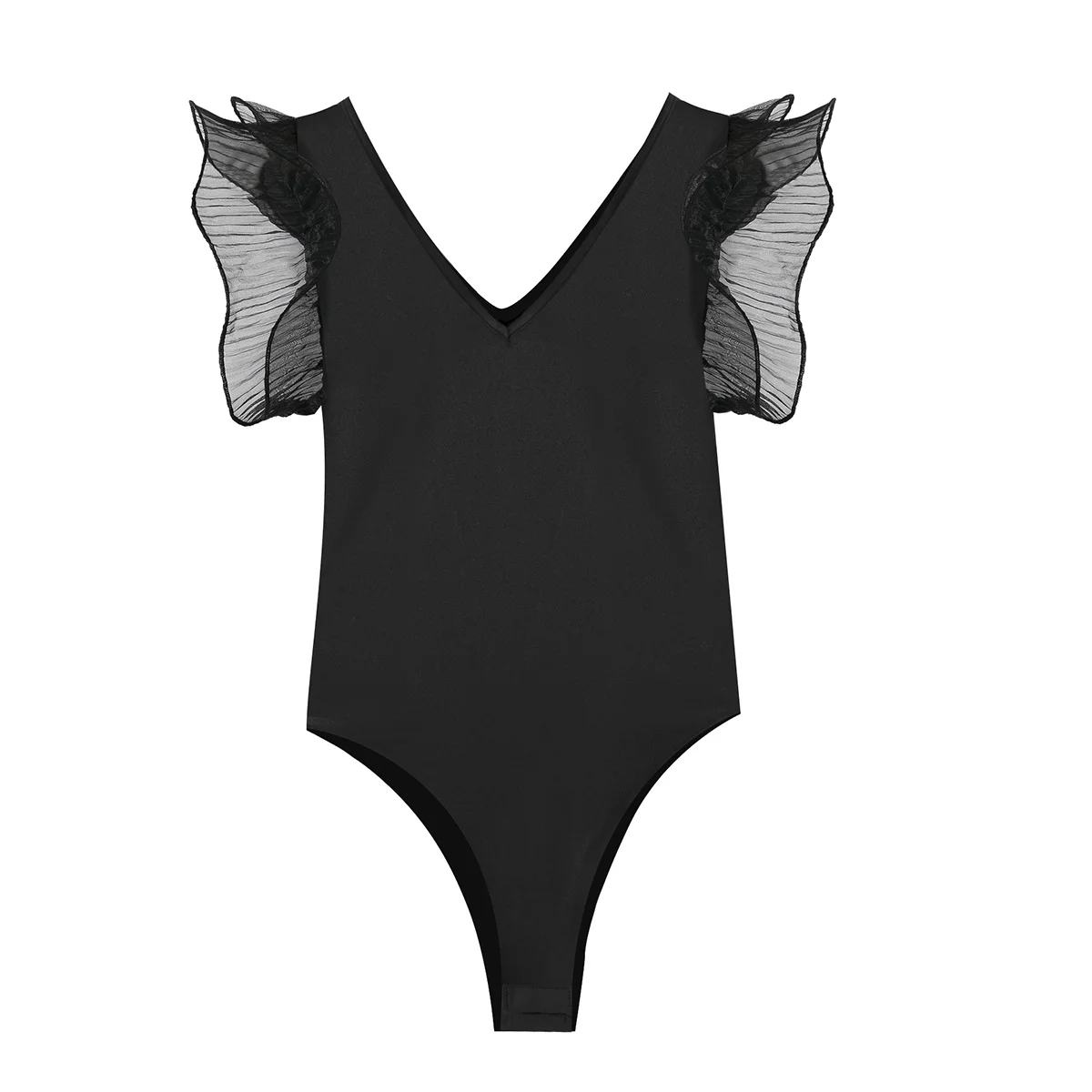 

Тонкая ламинированная сетчатая тянущаяся черная футболка с V-образным вырезом и оборками, топ, цельный жилет