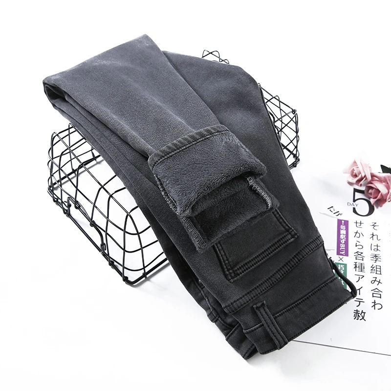 

Winter Plus Velvet Thick Jeans Woman High Waist Skinny Plus Size 40 Ankle Length Basic Slim Black Black Gray Pencil Denim Pants
