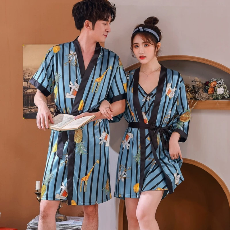 Large Size Relax Couples Robe Men Summer Silk Nightgown Sleepwear Nightshirt Bathrobe Kimono Gown Long Sleeve Home Dressing Gown