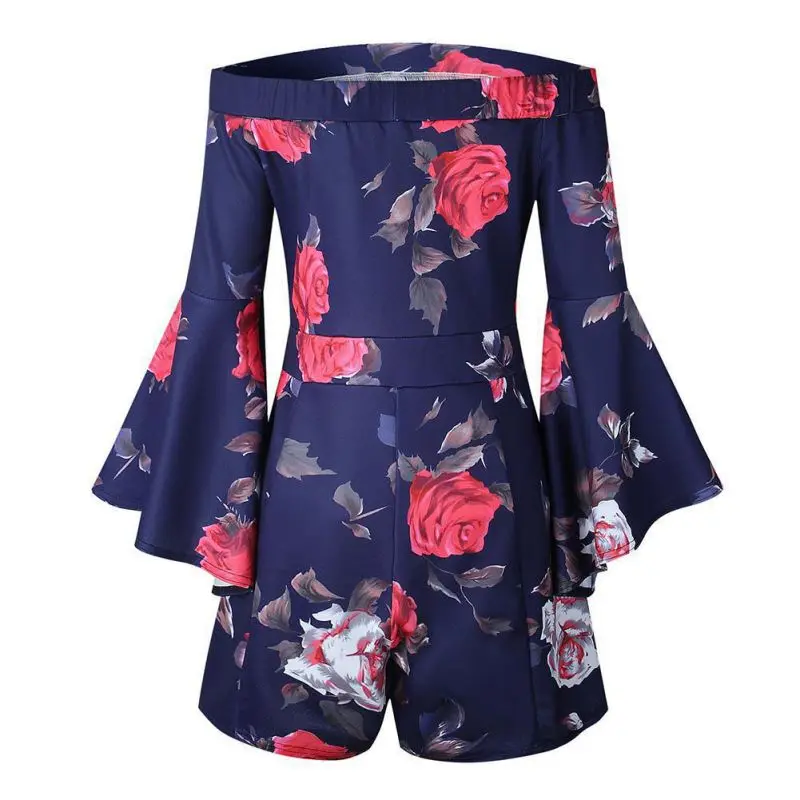 

Fashion Womens Chiffon Floral Rompers Trumpet Long Sleeve Thin Playsuits Slash Neck Jumpsuits