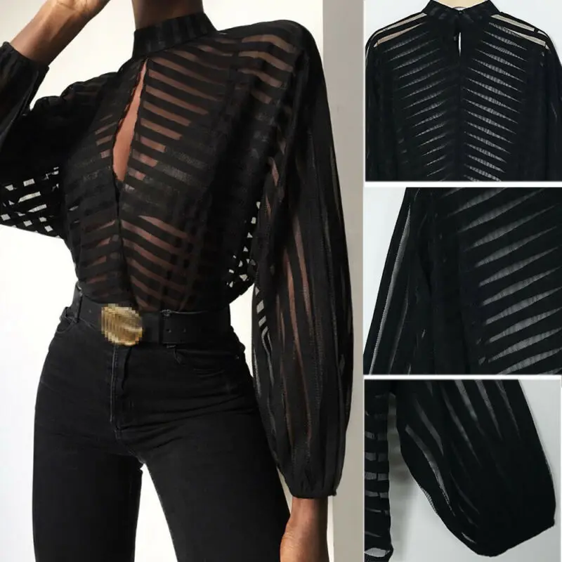 Sexy Black Women Mesh Sheer Blouses Ladies Long Sleeve Striped Front Hollow Out Transparent Shirts Blusas Mujer Camisas
