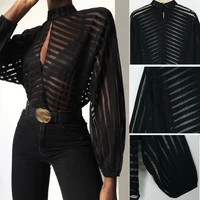 sexy black women mesh sheer blouses ladies long sleeve striped front hollow out transparent shirts blusas mujer camisas