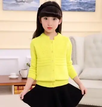 solid yellow Весенняя детская одежда свитера для девочек Повседневный однотонный вязаный кардиган с длинными рукавами для маленьких девочек; свитера для крупных детей - Цвет: solid yellow