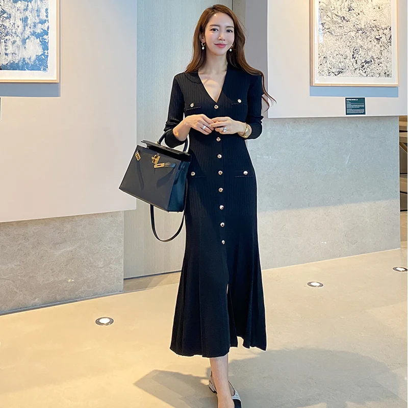 

Women Autumn Winter Single Breasted Casual Midi Sweater Dresses V Neck Elegant Bodycon Femme Vestido Long Sleeve Knitted Dress