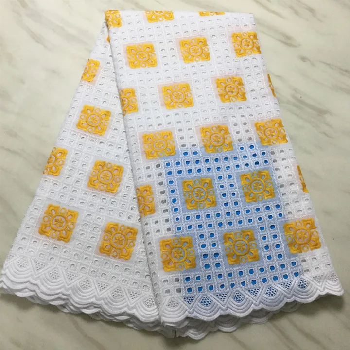5 ярдов/шт. Новая модная белая Африканская Хлопковая ткань и желтая вышивка