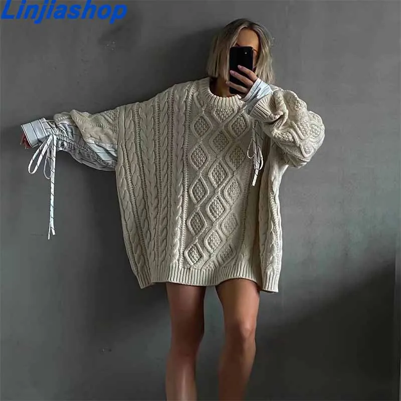 

Round neck full sleeves knitting pullover patchwork drawstring loose winter warm beige gray sweater female top