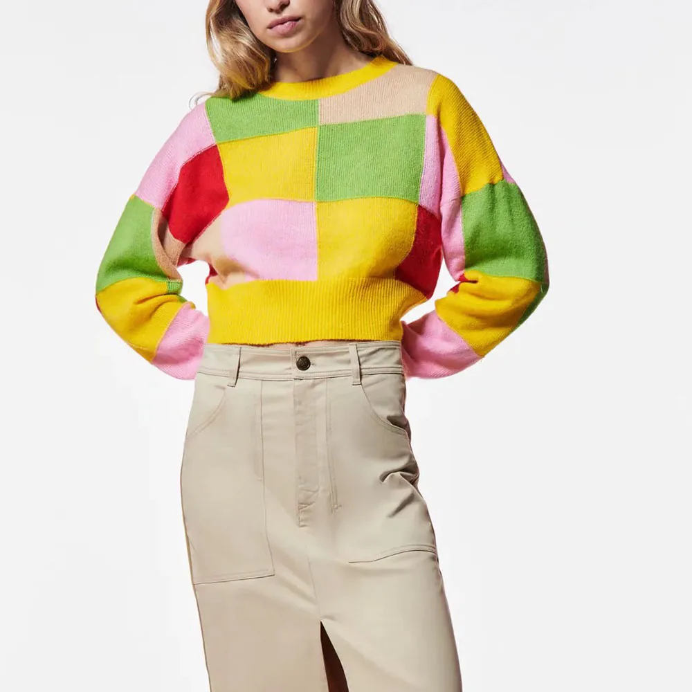 

Женский трикотажный свитер Za, винтажный пуловер с круглым вырезом и длинным рукавом, несколько цветов, осень 2021