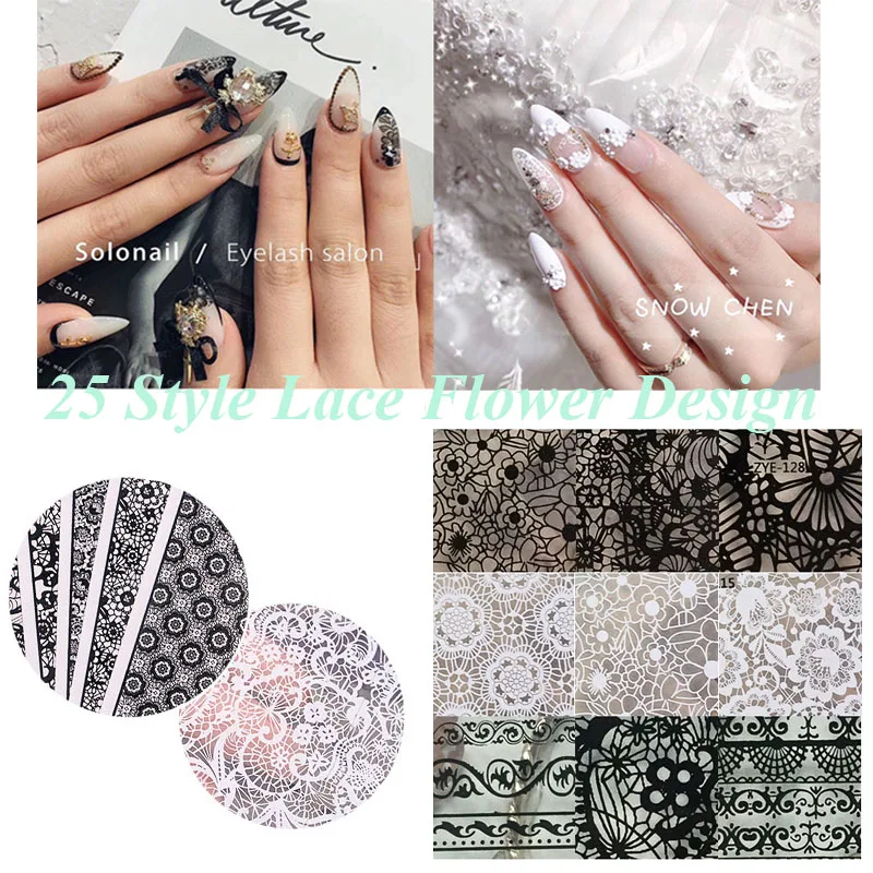 

1 PC Ultra-thin Nail Sticker Decal Self Adhesive Nail Tip Lace Flower Design Black & White Full Cover Sticker for Nail #ZYE7-1