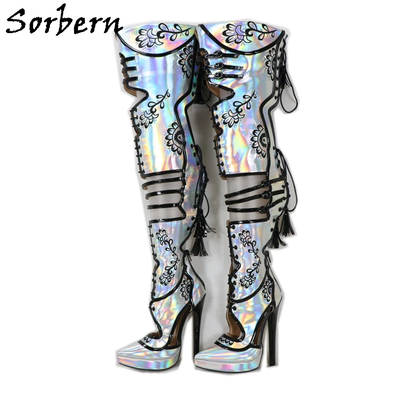 Sorbern Embroider Mid Thigh Boots Women Holo Silver High Heel Stilettos Fetish Shoes Fetish Over the Knee Boots For Drag Queen